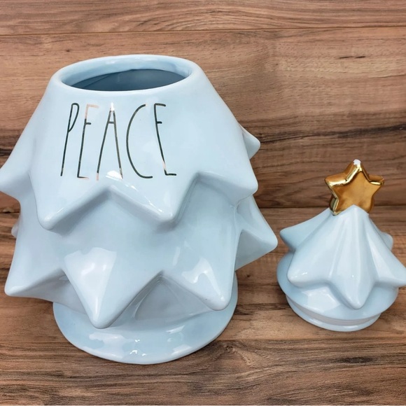 NEW Rae Dunn Peace Christmas Tree Light Blue Ceramic Canister Cookie Jar - Picture 2 of 5